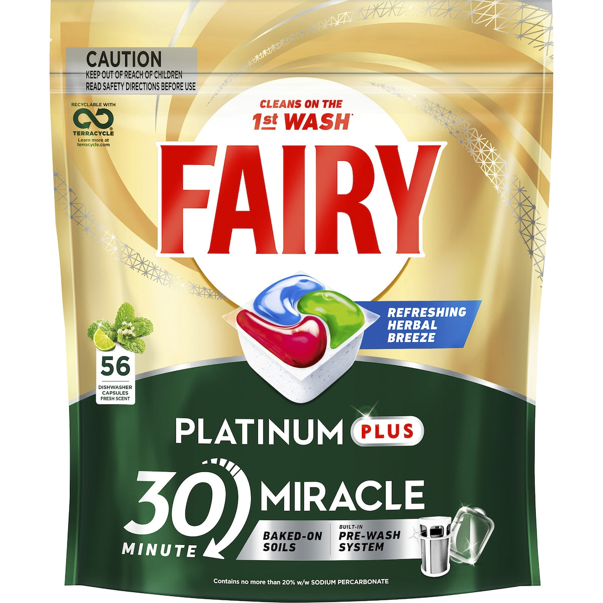 Fairy Platinum Plus 30 Minute Miracle Dishwasher Capsules 56 Pack