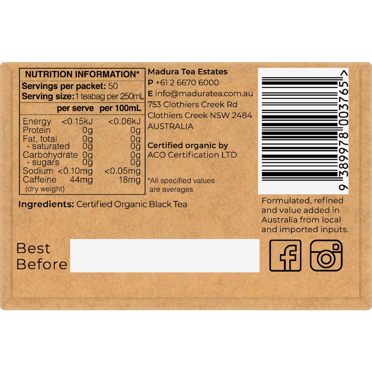Madura Organic Black Tea Bags 50 Pack