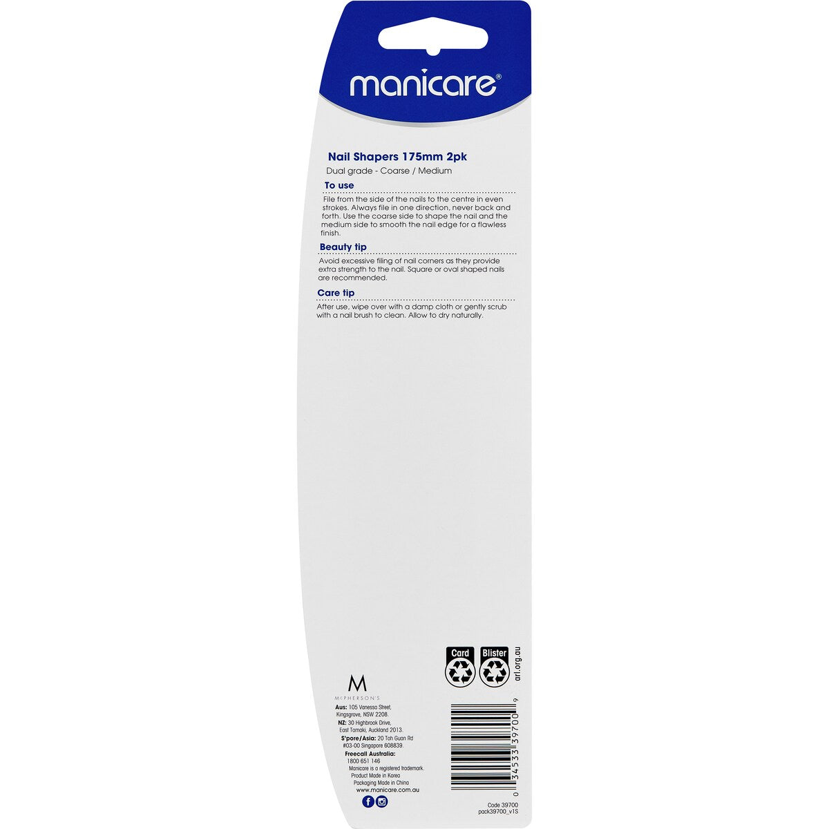Manicare Nail Shaper 175mm 397 2 Pack