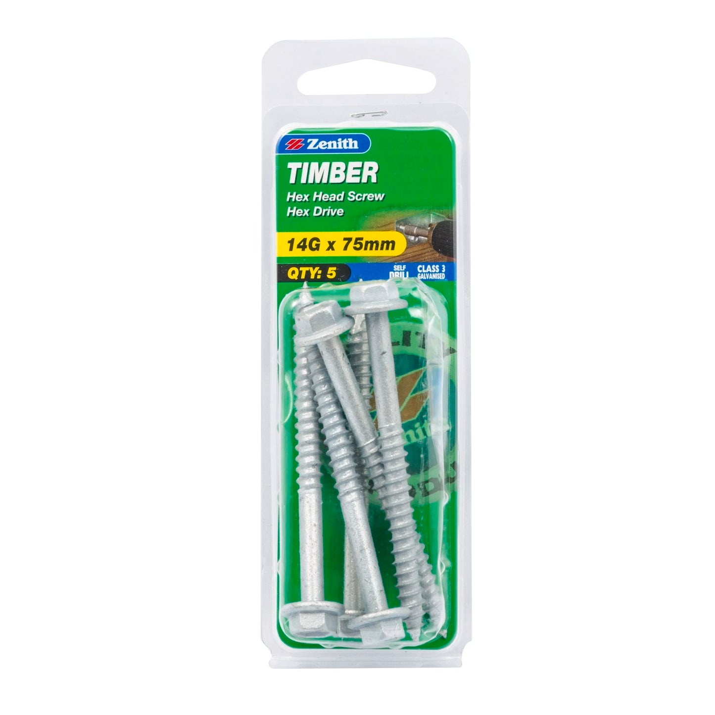 Zenith Timber Screws - 14g x 75mm - Galvanised Hex Head - 5 Pack