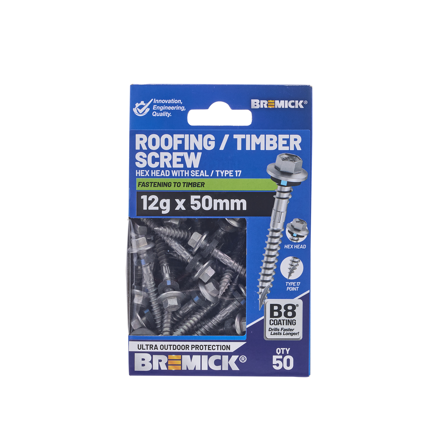 Bremick Hex Roofing Screw - 12g x 50mm - B8 - 50 Pack