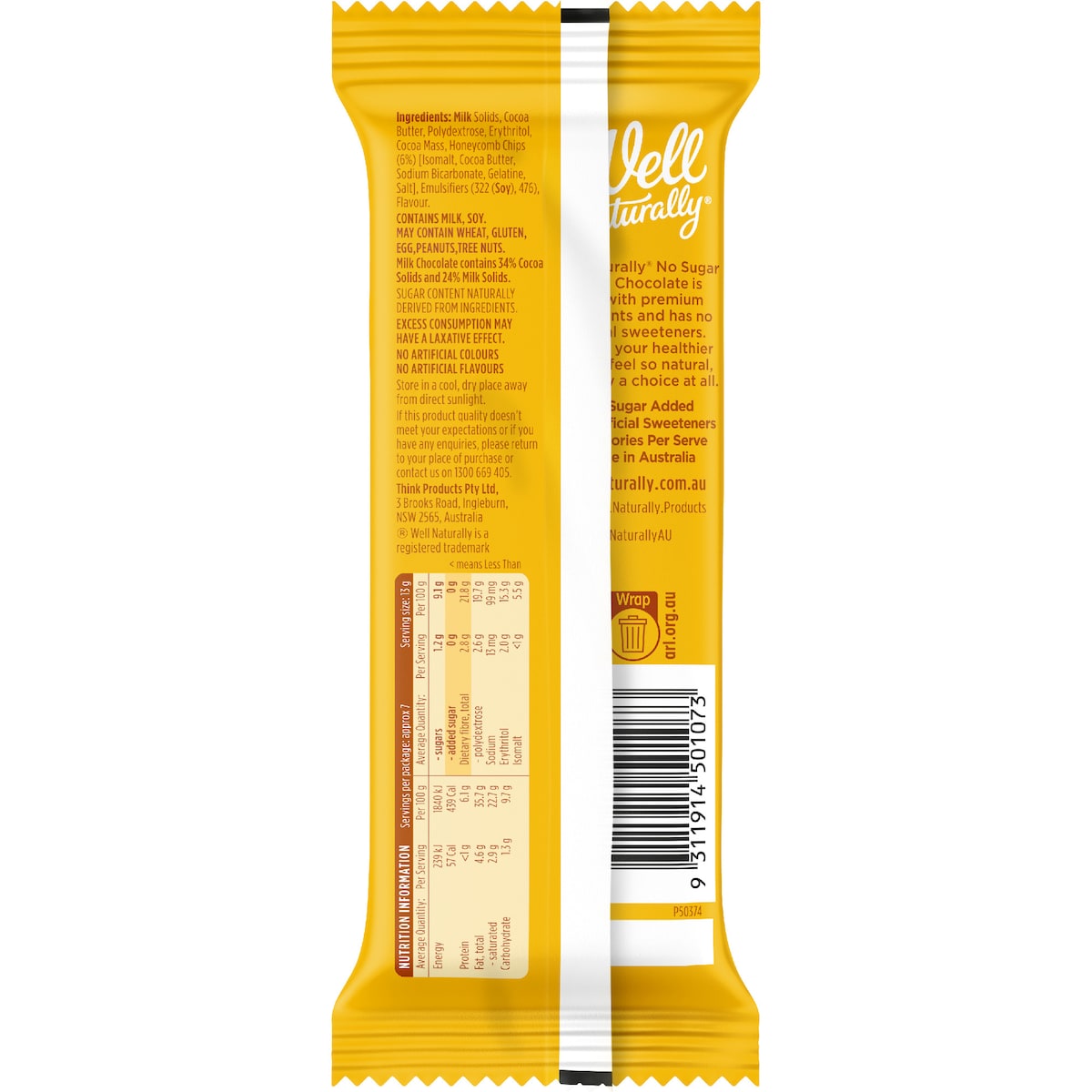 Well Naturally No Sugar Added Chocolate Honeycomb 90g