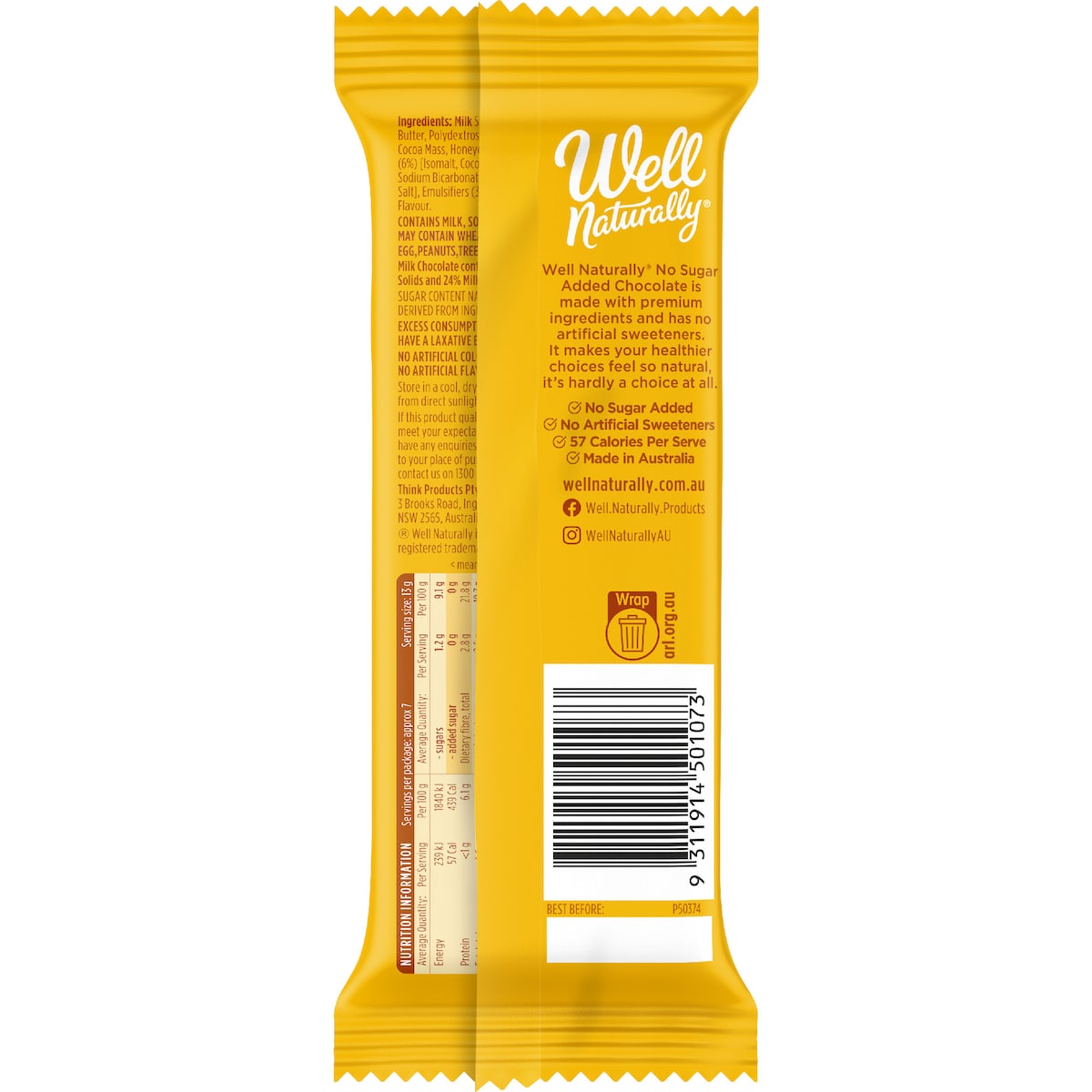 Well Naturally No Sugar Added Chocolate Honeycomb 90g