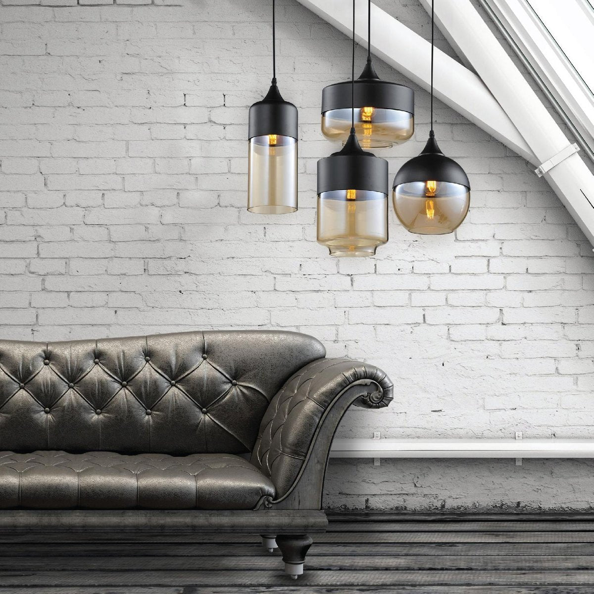 Home Design Ambra Pendant Light - Matte Black Metal - Amber Glass - 60W