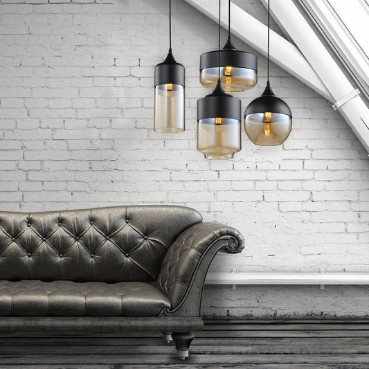 Home Design Ambra Pendant Light - Matte Black Metal - Amber Glass - 60W