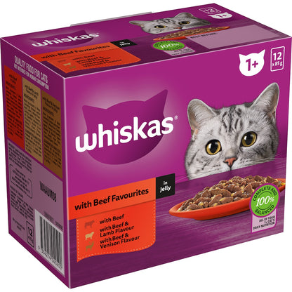 Whiskas Adult 1 + Years Wet Cat Food Beef Favourites In Jelly 85g X 12 Pack