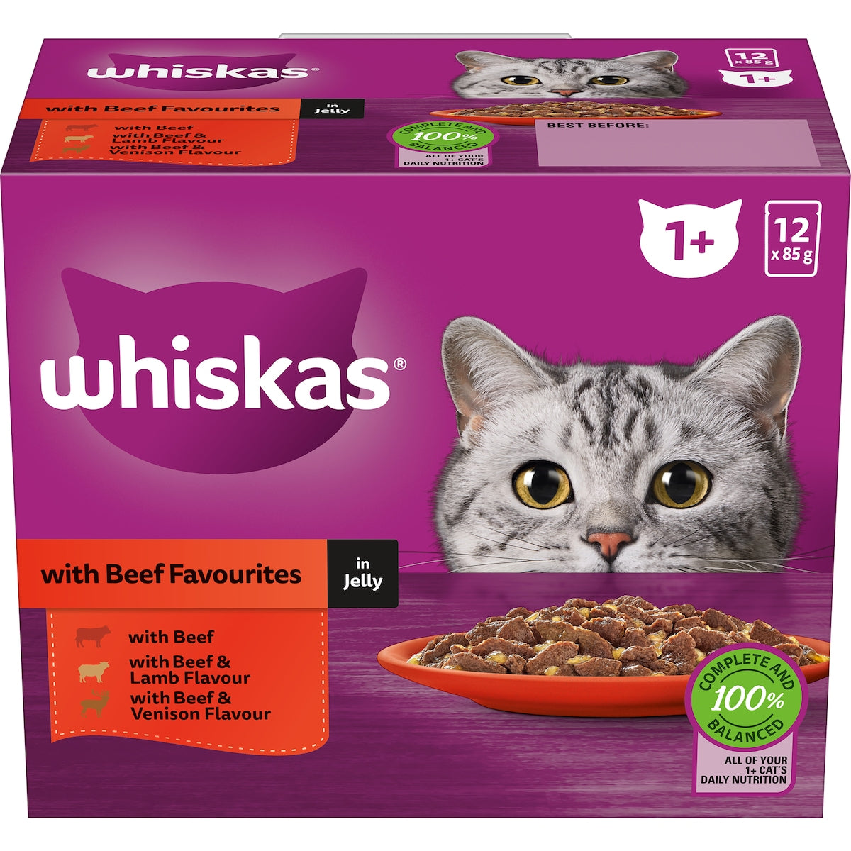 Whiskas Adult 1 + Years Wet Cat Food Beef Favourites In Jelly 85g X 12 Pack