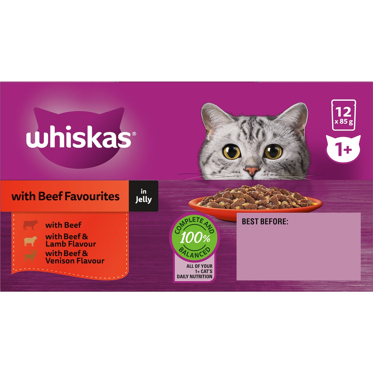 Whiskas Adult 1 + Years Wet Cat Food Beef Favourites In Jelly 85g X 12 Pack