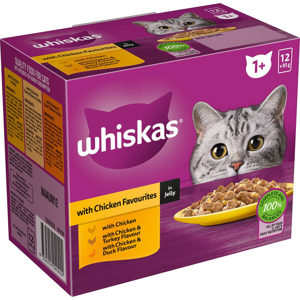 Whiskas Adult 1 + Years Wet Cat Food Chicken Favourites In Jelly 85g X 12 Pack