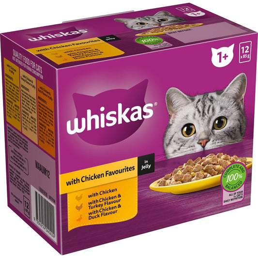 Whiskas Adult 1 + Years Wet Cat Food Chicken Favourites In Jelly 85g X 12 Pack