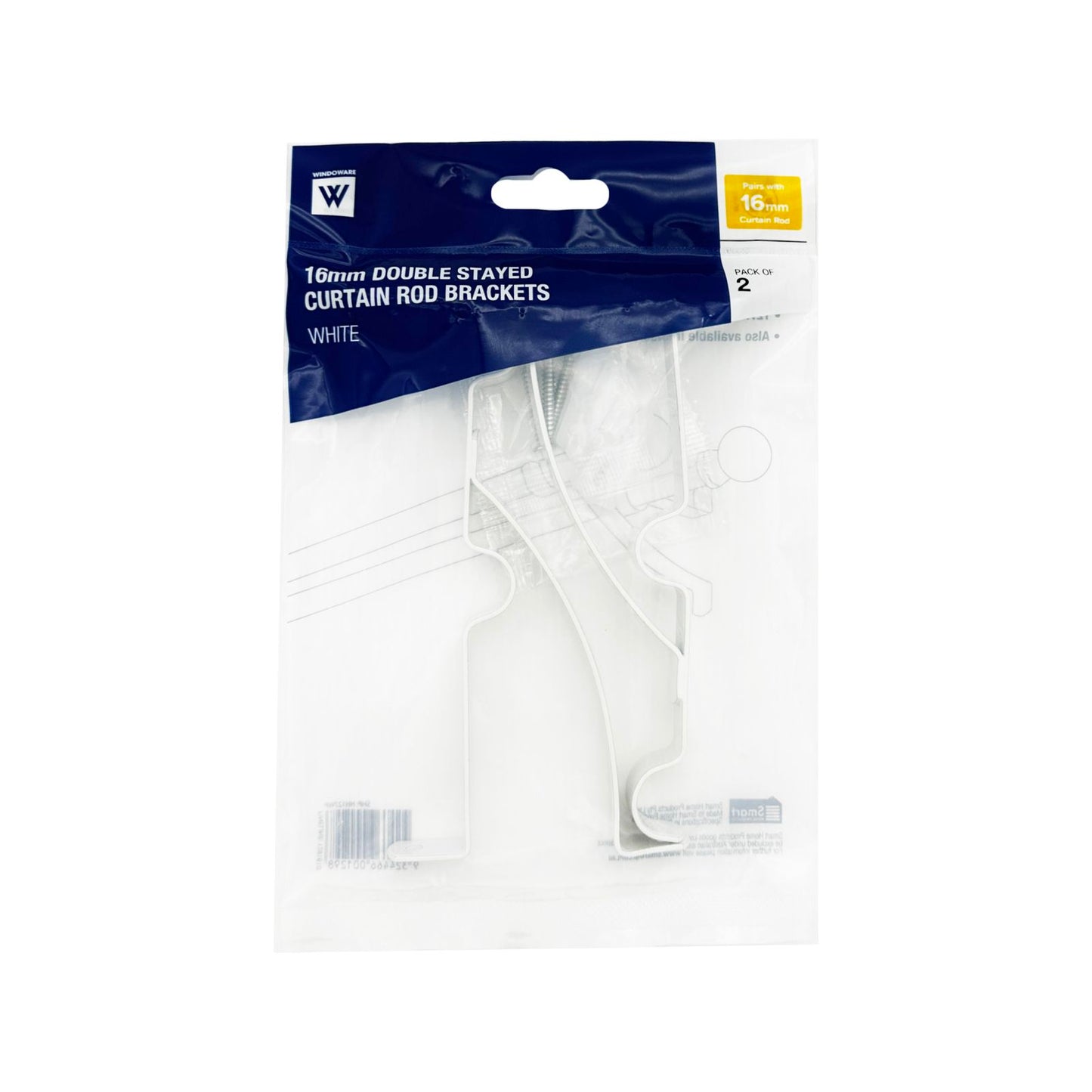 Windoware Double Stayed Curtain Rod Bracket - 127mm - 2 Pack - White