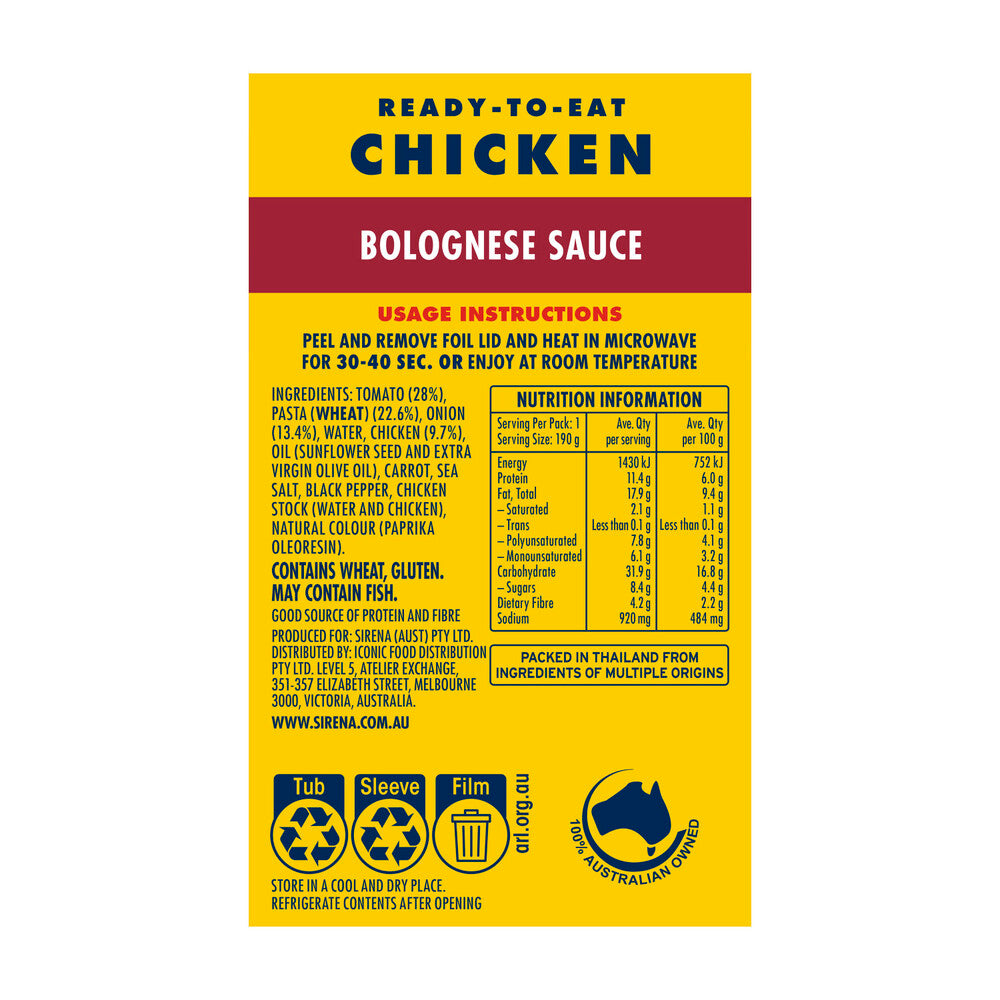 Sirena Ready To Eat Meal Chicken Bolognese - 190g