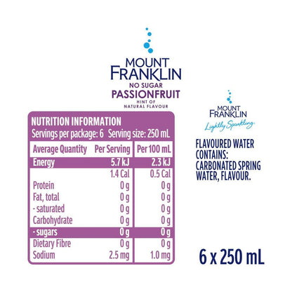 Mount Franklin Lightly Sparkling Water Passionfruit Multipack Mini Cans 250ml - 6 Pack
