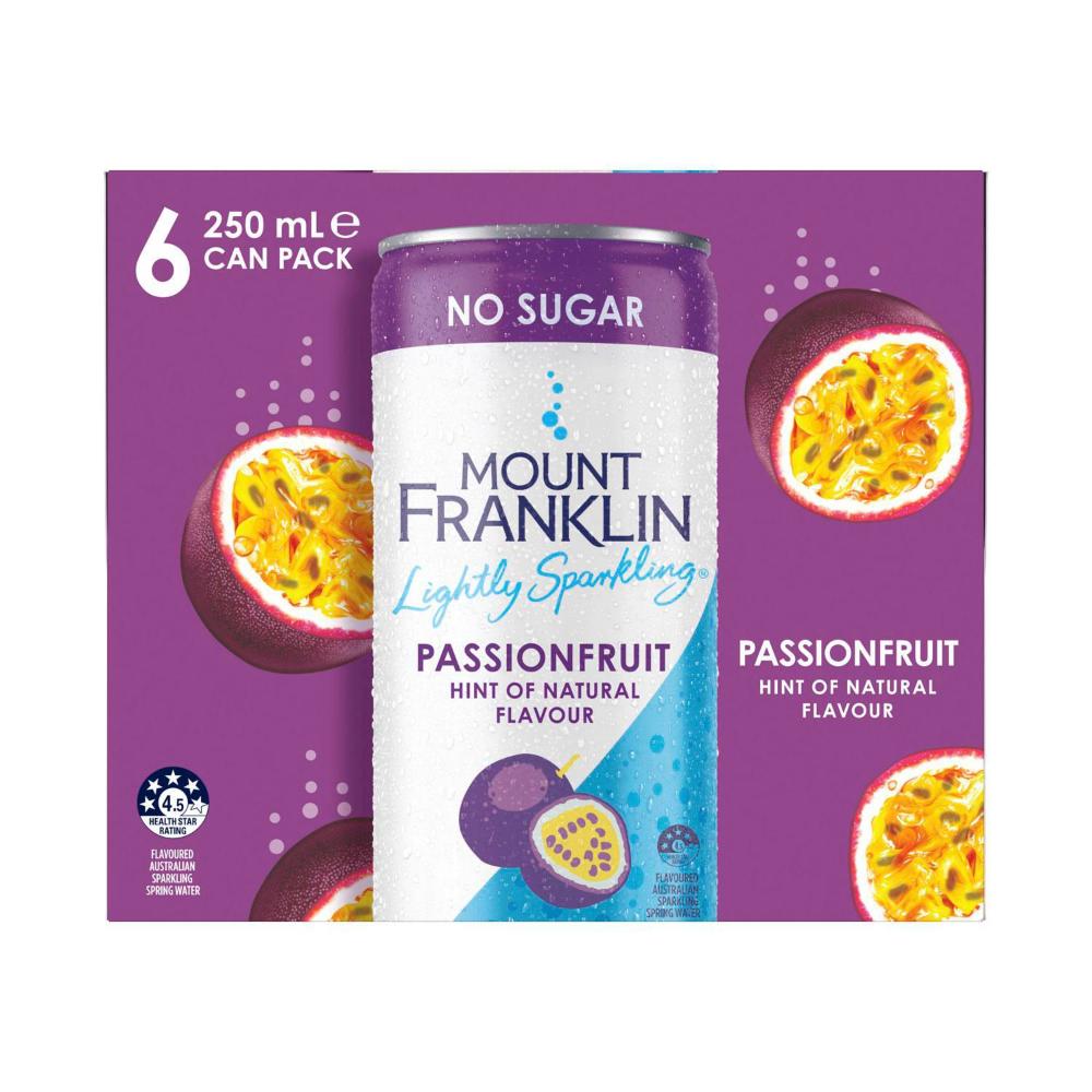 Mount Franklin Lightly Sparkling Water Passionfruit Multipack Mini Cans 250ml - 6 Pack