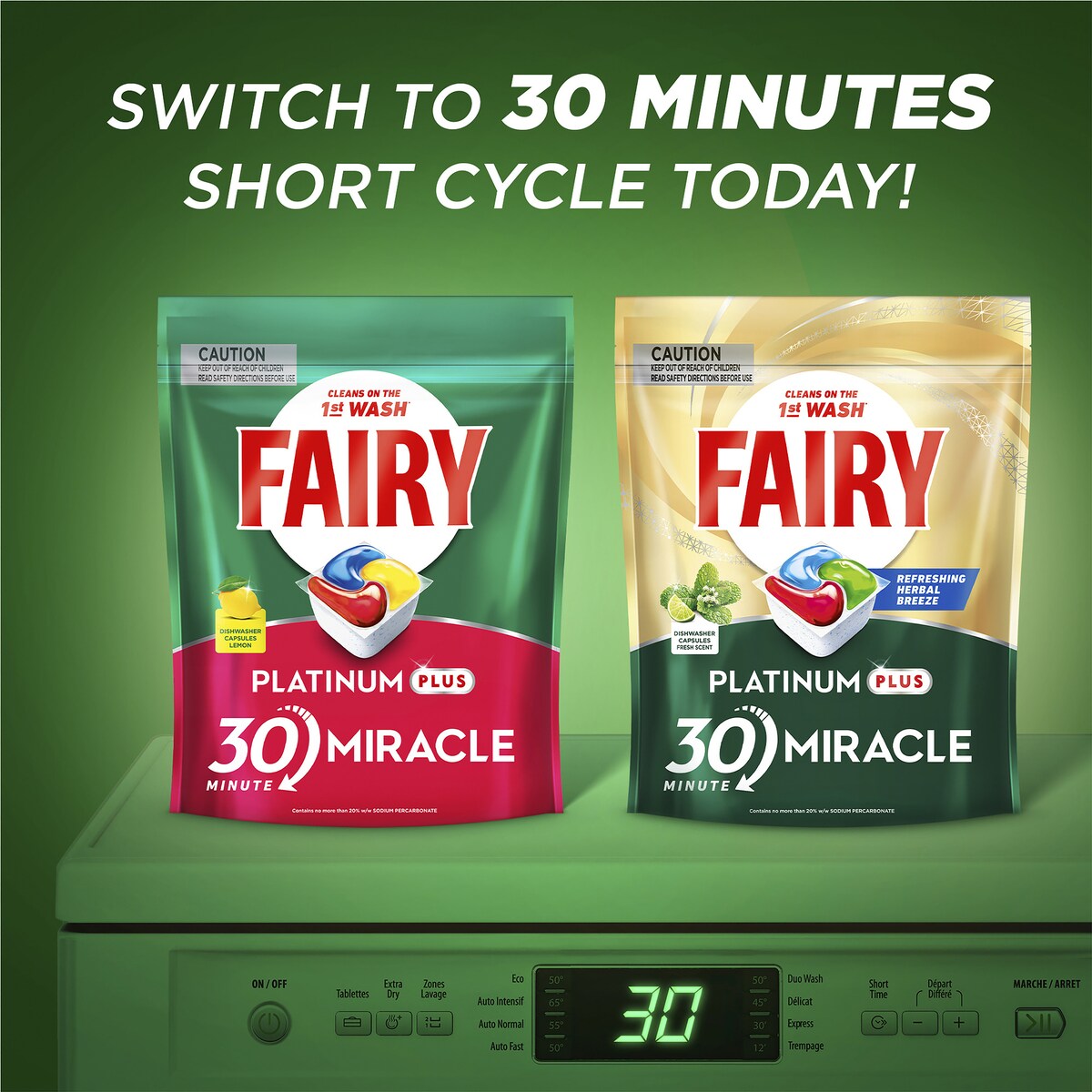 Fairy Platinum Plus 30 Minute Miracle Dishwasher Capsules 65 Pack