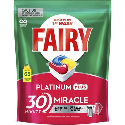 Fairy Platinum Plus 30 Minute Miracle Dishwasher Capsules 65 Pack