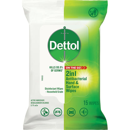 Dettol 2 In 1 H&s & Surfaces Antibacterial Wipes 15 Pack