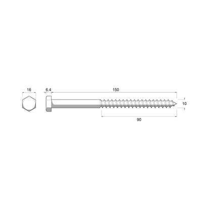 Zenith Hot Dip Galvanised Hex Head Coach Screws - M10 x 150mm - 25 Pack
