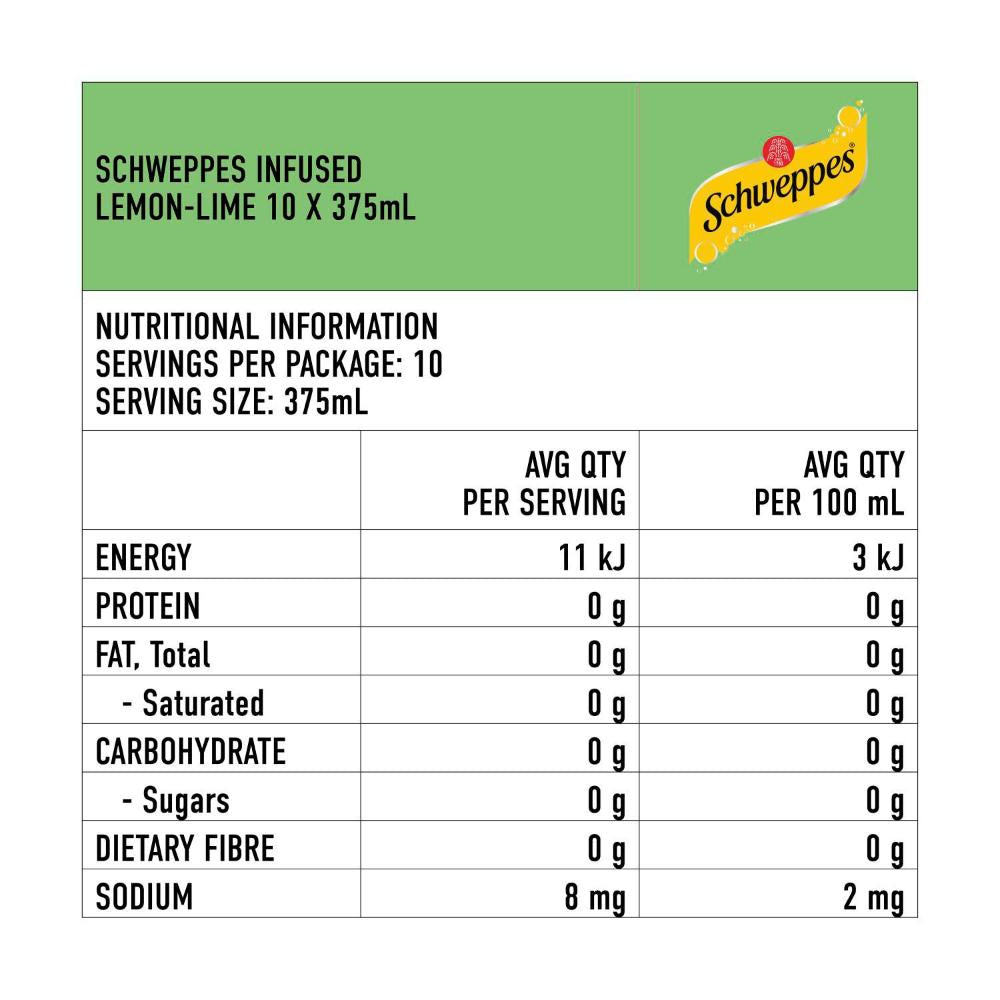Schweppes Zero Sugar Lime & Lemon Infused Natural Mineral Sparkling Water 10x375ml