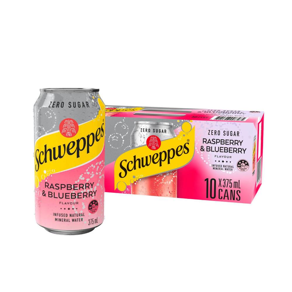 Schweppes Zero Sugar Raspberry & Blueberry Infused Natural Mineral Sparkling Water 375ml x 10 Pack