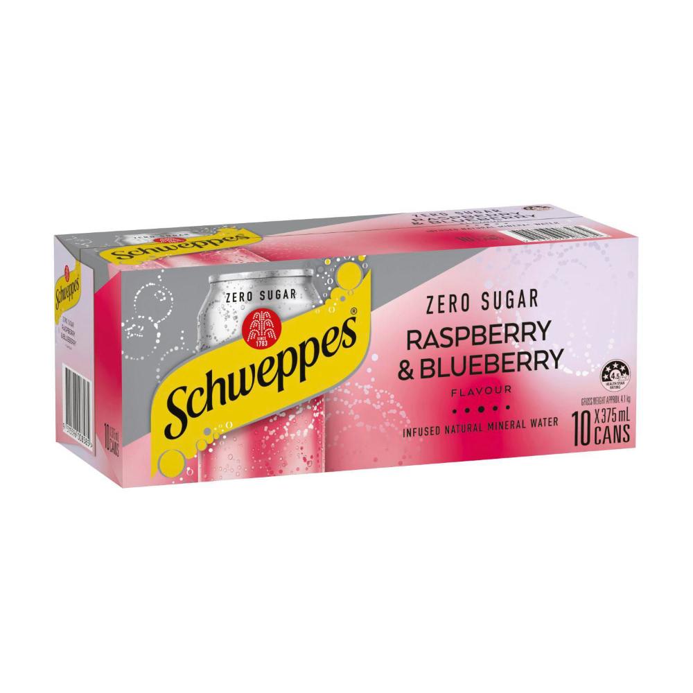 Schweppes Zero Sugar Raspberry & Blueberry Infused Natural Mineral Sparkling Water 375ml x 10 Pack