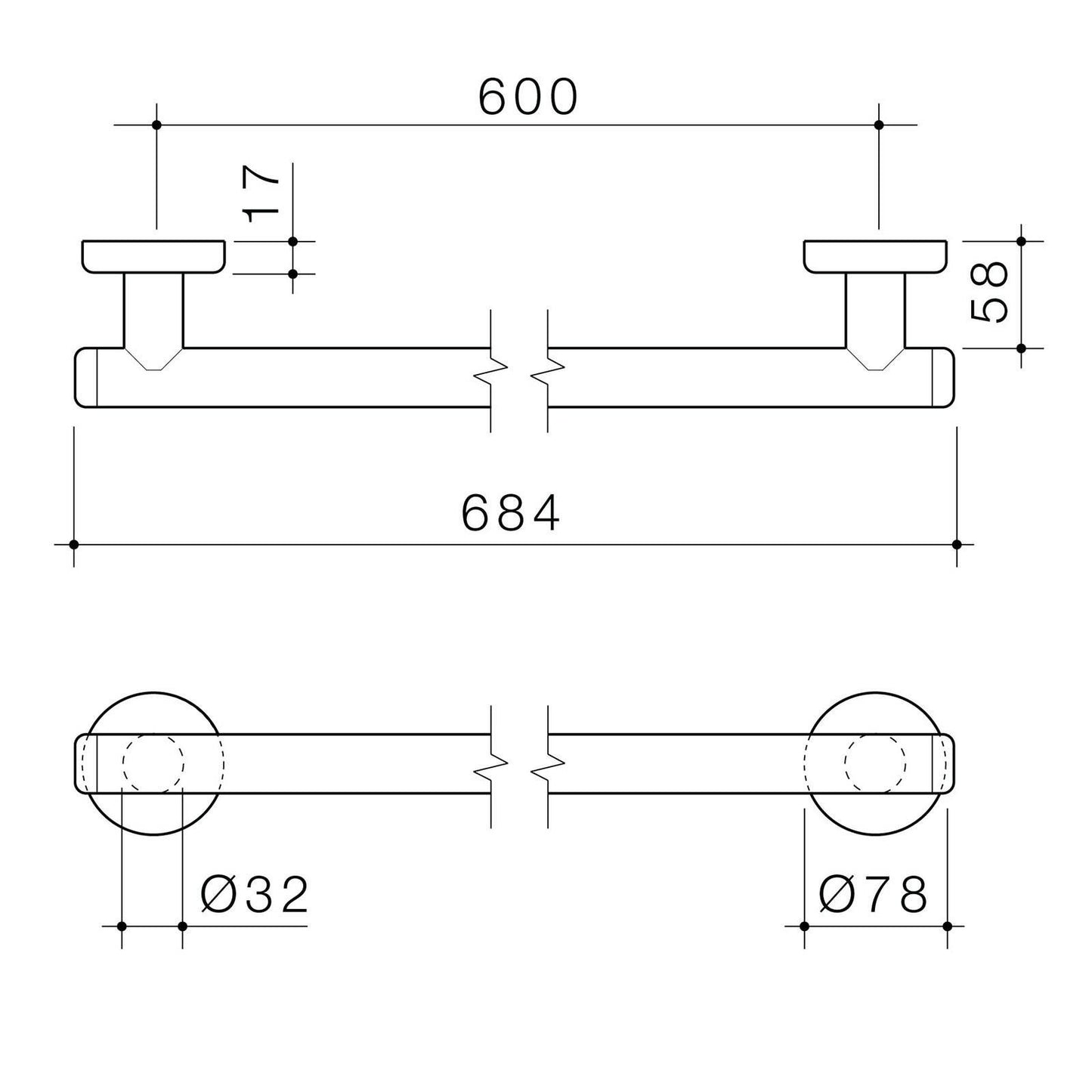 Homecare By Caroma Straight Grab Rail - 600mm - Brushed Nickel