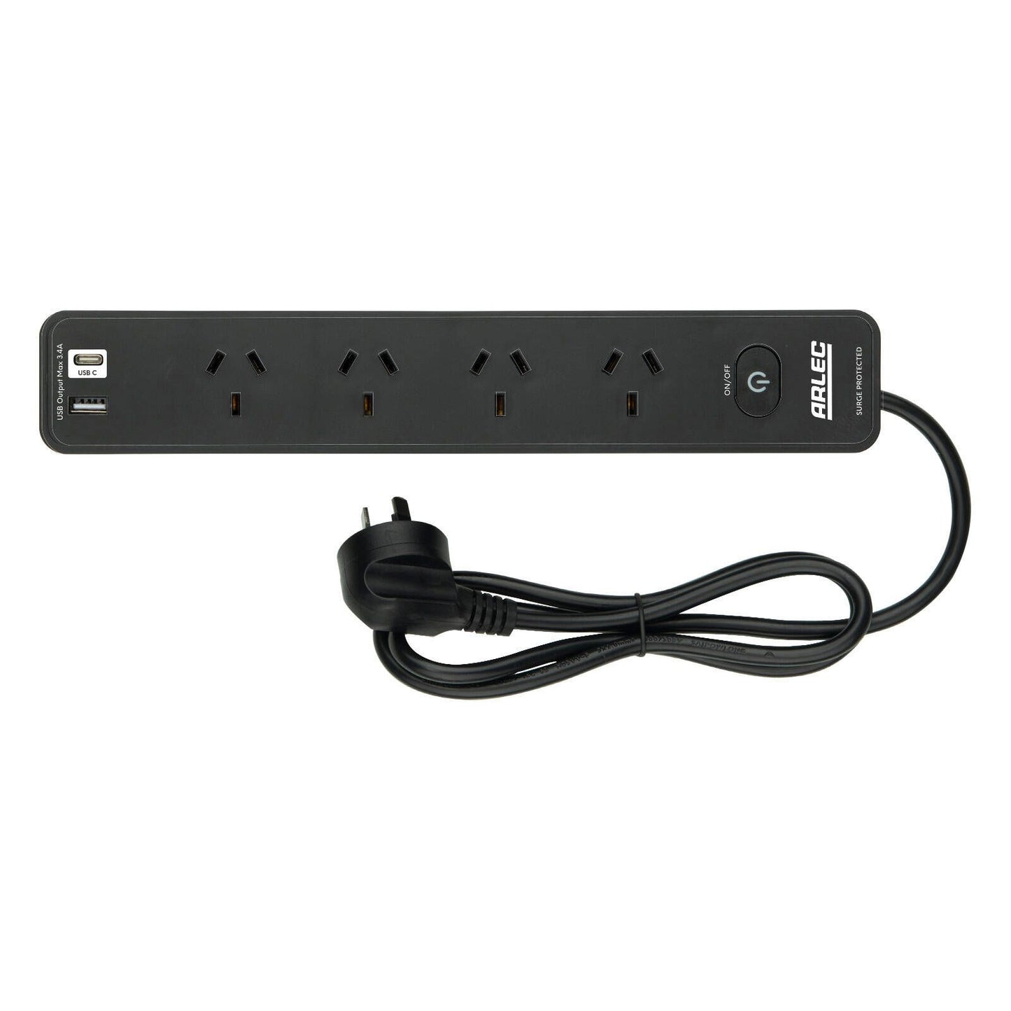 Arlec Black Surge Protected Powerboard - 4 Outlet - 285mm