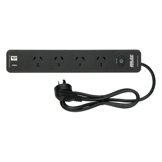 Arlec Black 4 Outlet Surge Protected Powerboard
