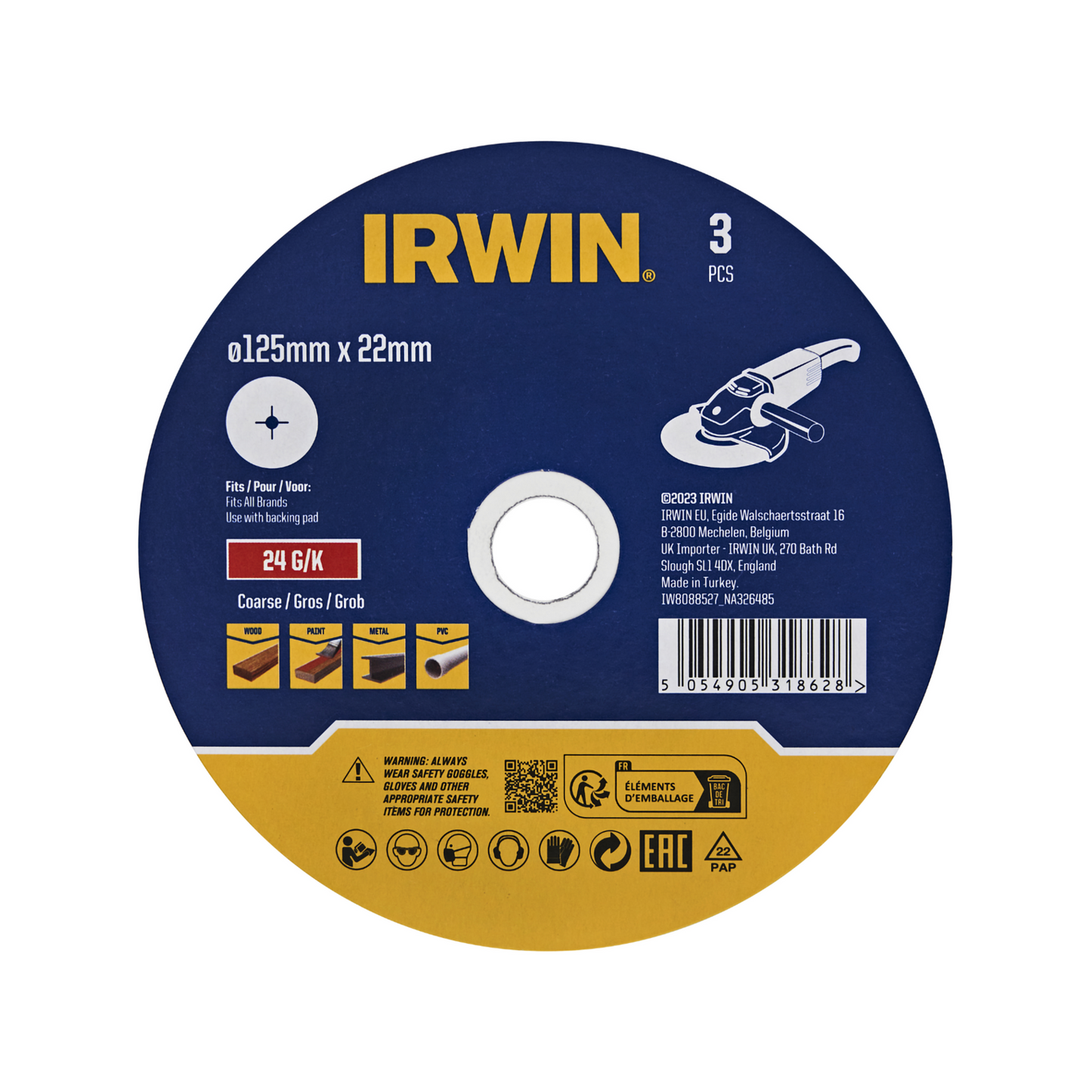 Irwin Fibre Disc - 125 x 22mm - 24 Grit - 3 Pack