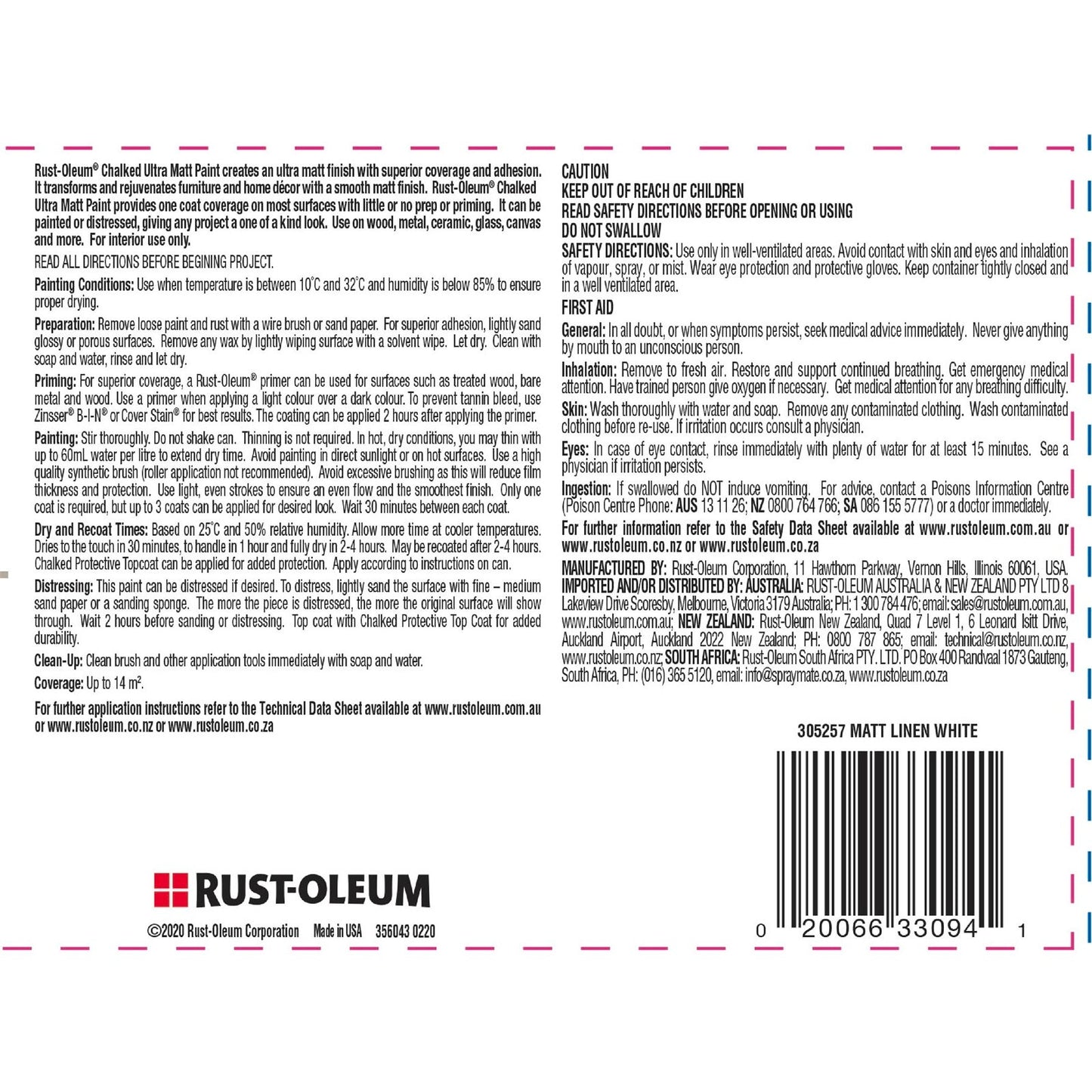 Rust Oleum Chalked Ultra Matt Paint - 887ml - Light Tint Base