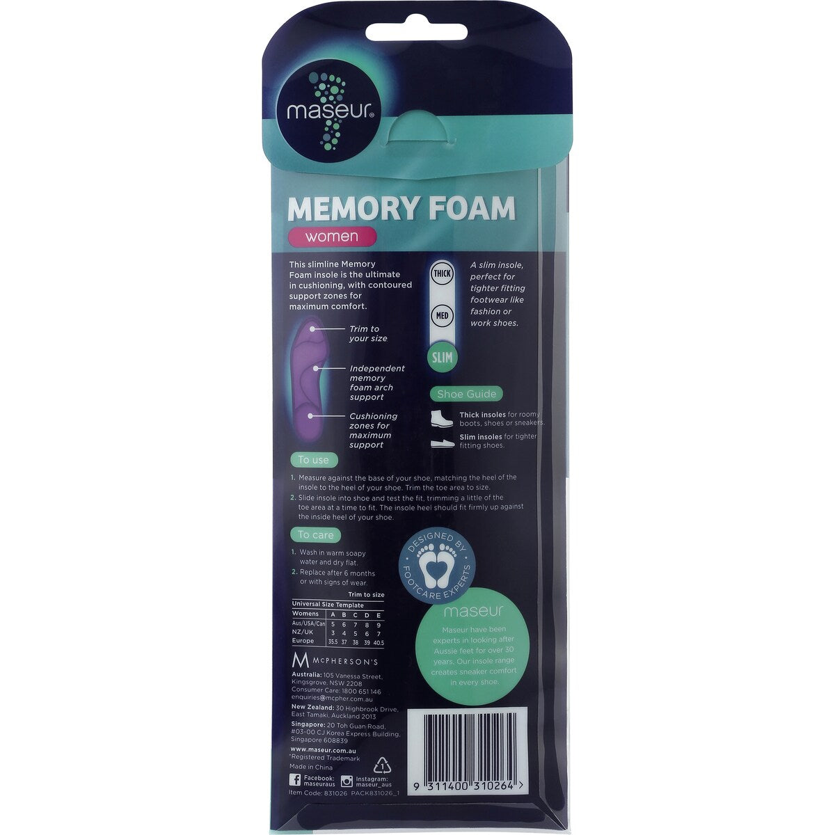Footcare Memory Foam Insoles Womens 1 Pair