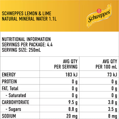 Schweppes Lemon Lime Natural Mineral Water Bottle - 1.1L