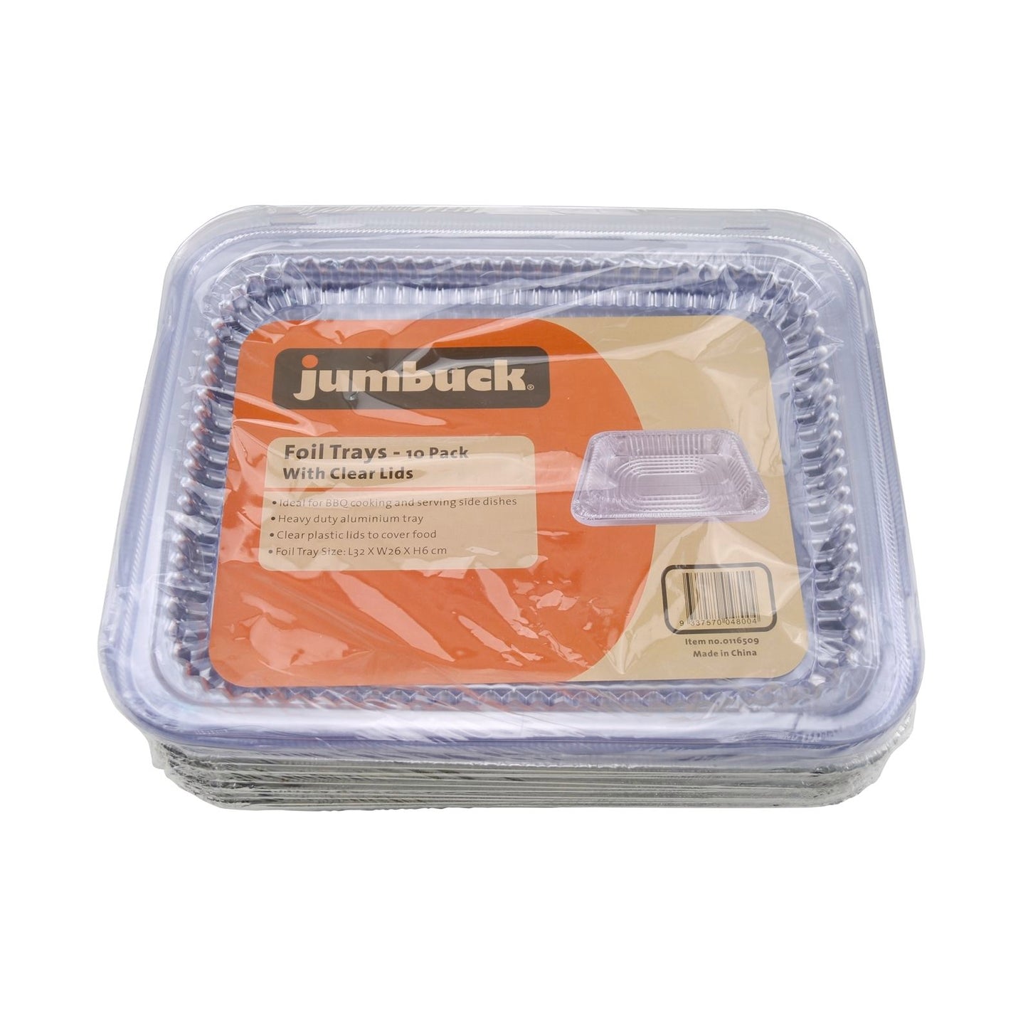 Jumbuck BBQ Foil Trays Clear Lid - 10 Pack - 260mm x 60mm x 320mm