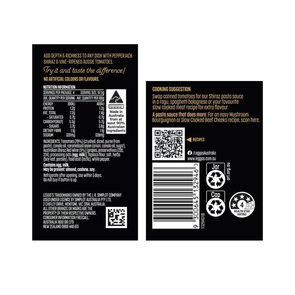 Leggos Gourmet Tomato Pasta Sauce Australian Pepperjack Shiraz - 390g