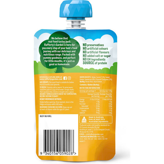Raffertys Garden Baby Food Pouch Chickpea, Corn & Carrot Protein 8+ Months 120g