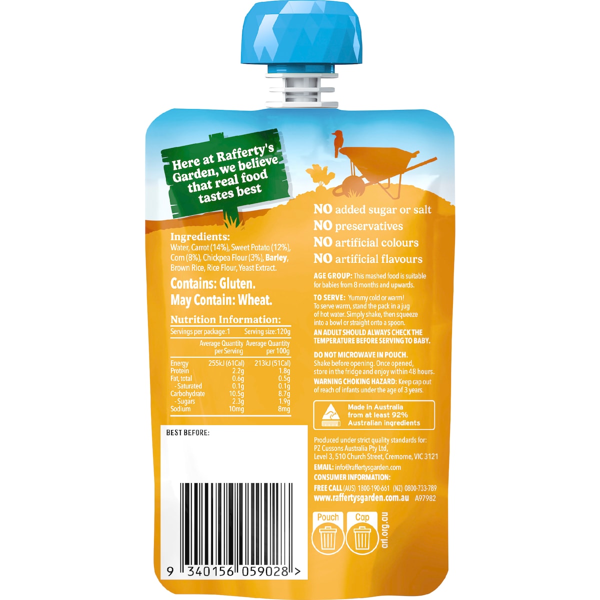 Raffertys Garden Baby Food Pouch Chickpea Corn & Carrot 8+ Months 120g