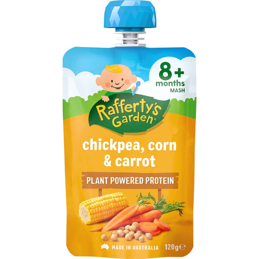 Raffertys Garden Baby Food Pouch Chickpea, Corn & Carrot Protein 8+ Months 120g