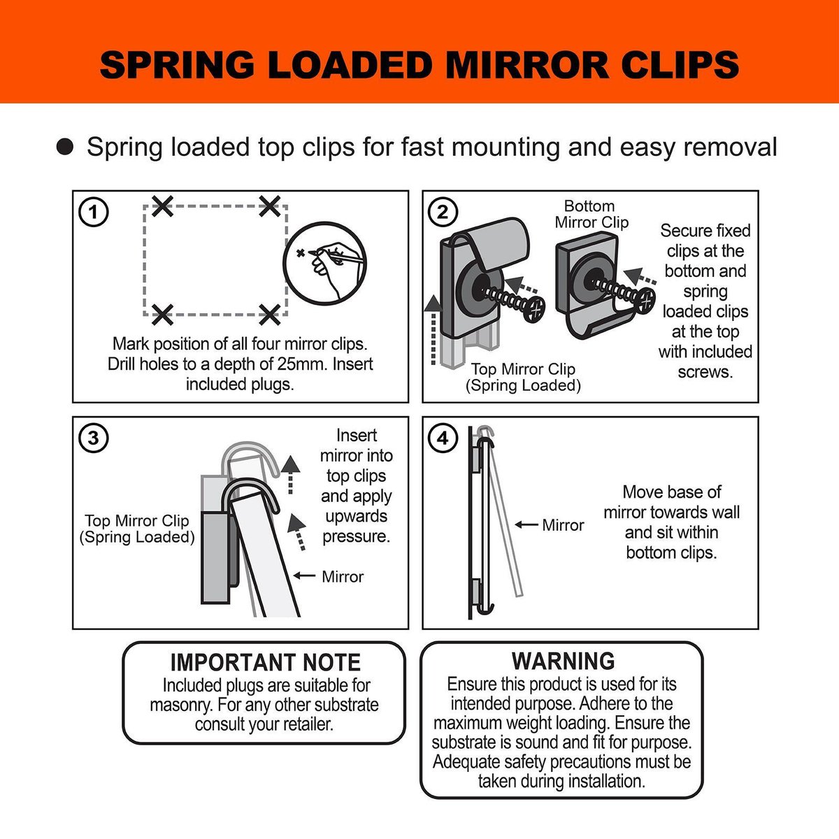 Everhang Mirror Clip Set - 11kg Steel - Easy Install - Secure Hold