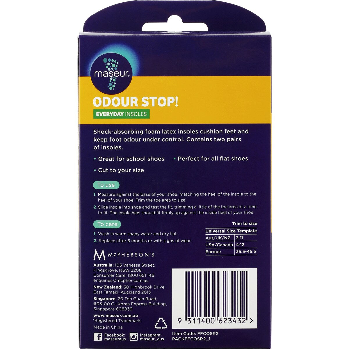 Maseur Footcare Odour Insoles Regular 2 Pack