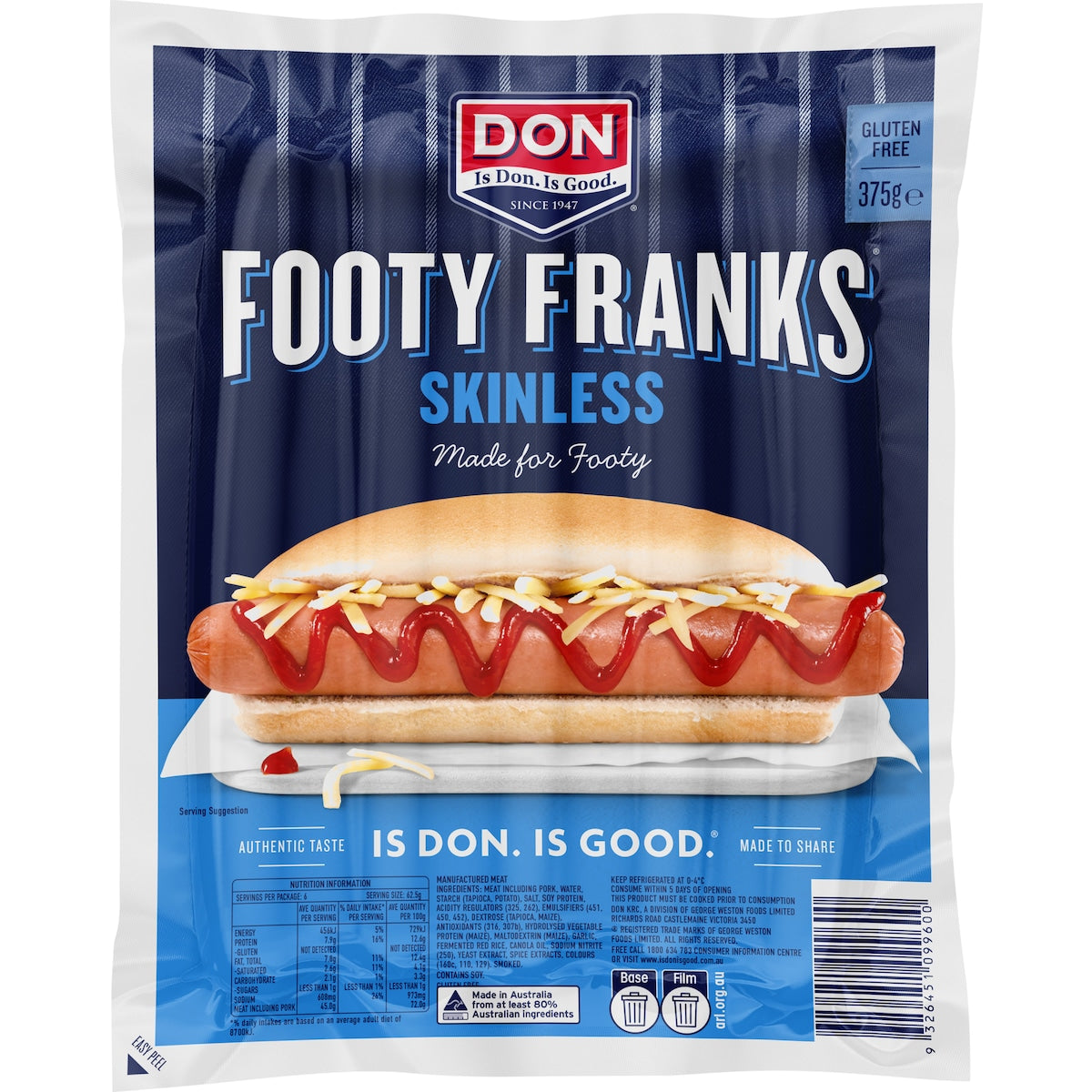 Don Famous Football Hot Dogs Skinless 375g