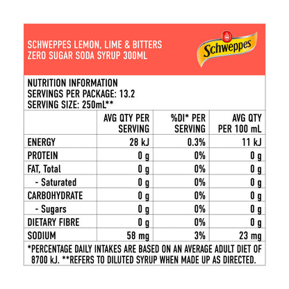 Schweppes Zero Sugar Lemon Lime Bitters Soda Syrup Sugar Free Cordial - 300mL