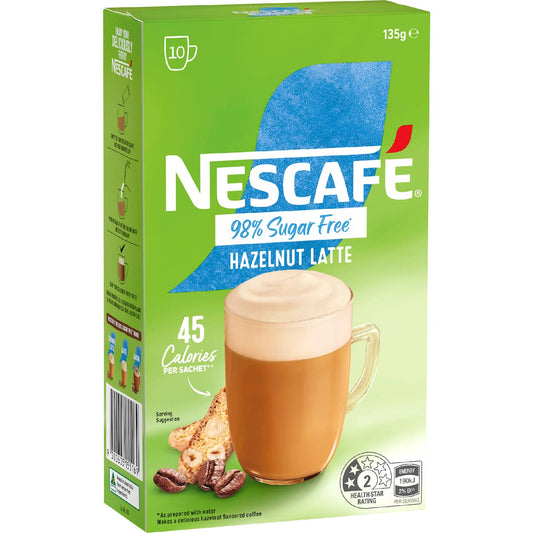 Nescafe 98% Sugar Free Hazelnut Latte Coffee Sachets 10 Pack