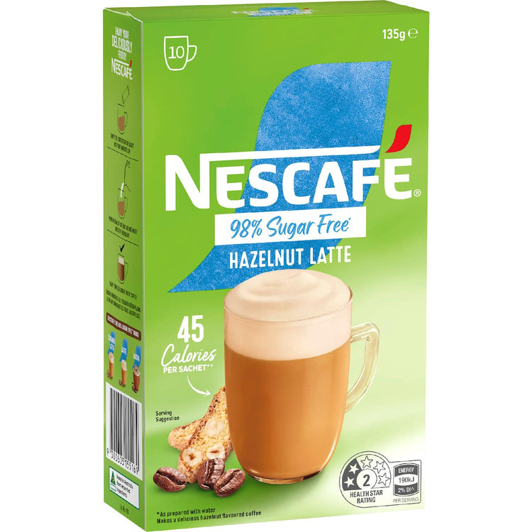 Nescafe 98% Sugar Free Hazelnut Latte Coffee Sachets 10 Pack