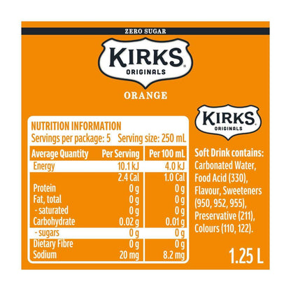 Kirks Orange Zero Sugar Soft Drink Bottle - 1.25L