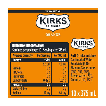 Kirks Zero Sugar Orange Soft Drink Cans 10x375ml