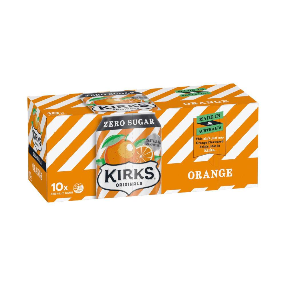 Kirks Orange Zero Sugar Soft Drink Multipack Cans 375ml - 10 Pack