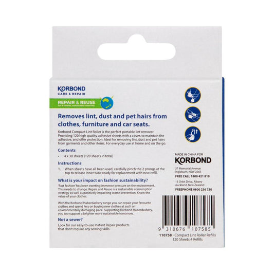 Korbond Compact Lint Roller 4 Refills - 4 pack