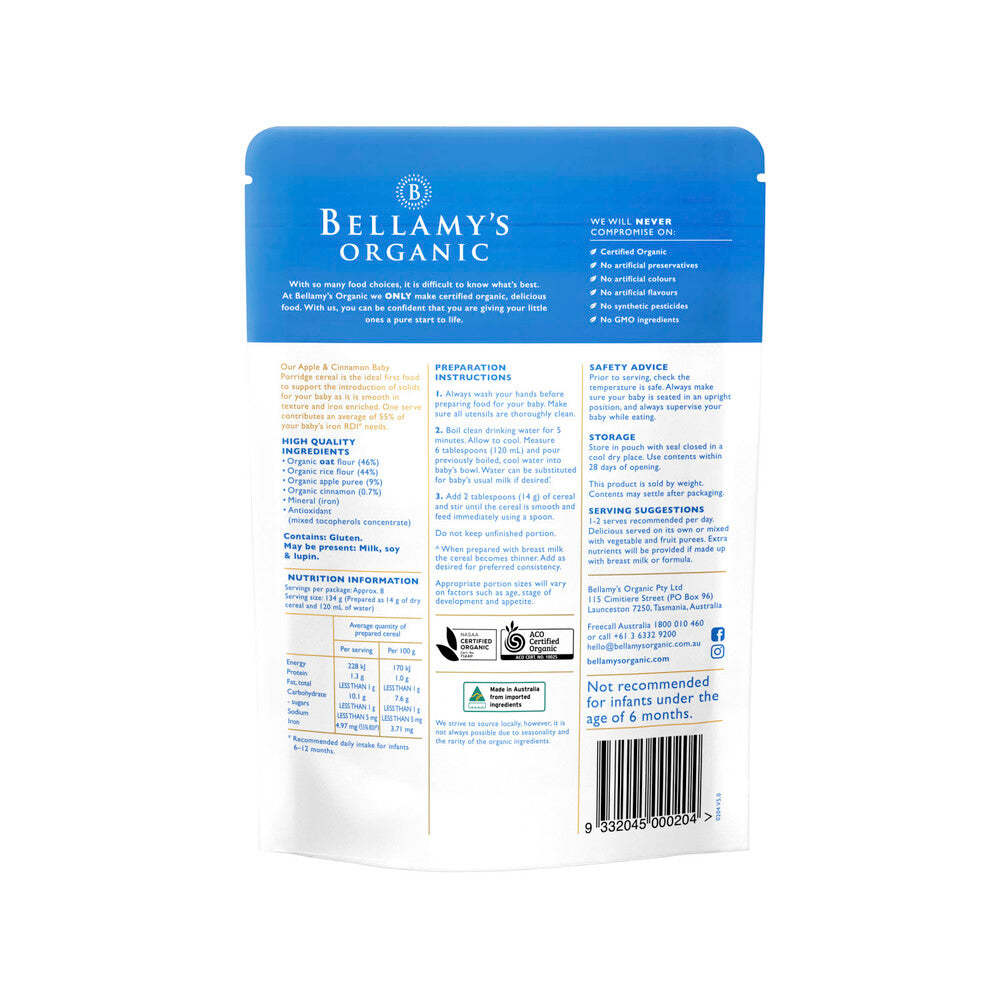 Bellamy's Organic Apple & Cinnamon Baby Porridge Cereal Pouch 6+ Months - 125g