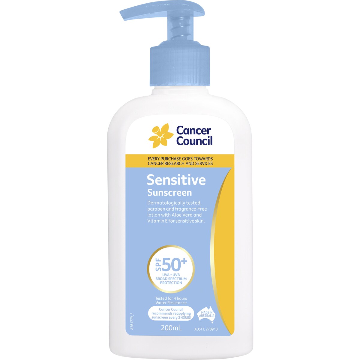 Cancer Council Sensitive Sunscreen Pump Bottle Spf 50 Plus 200ml