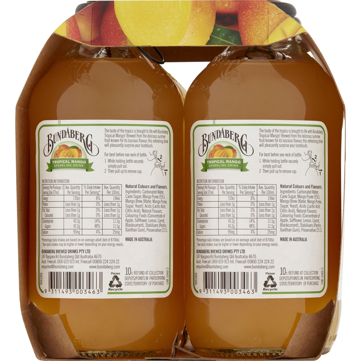 Bundaberg Tropical Mango Sparkling Drink 375ml X 4 Pack